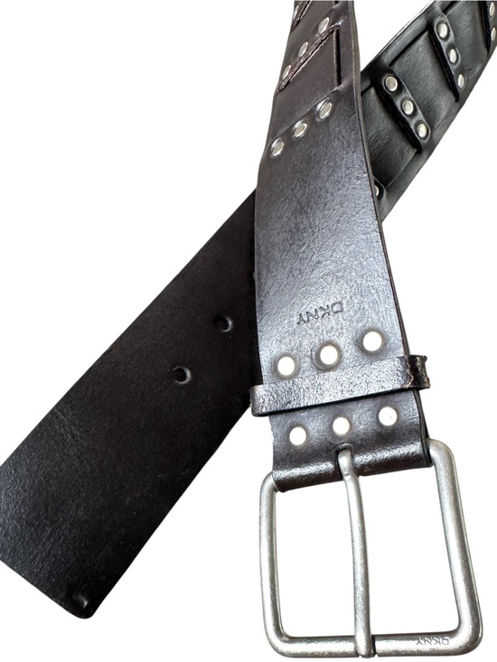VTG DKNY Black Genuine Leather Studded Wide Belt Silver Hardware Size XL main image 4